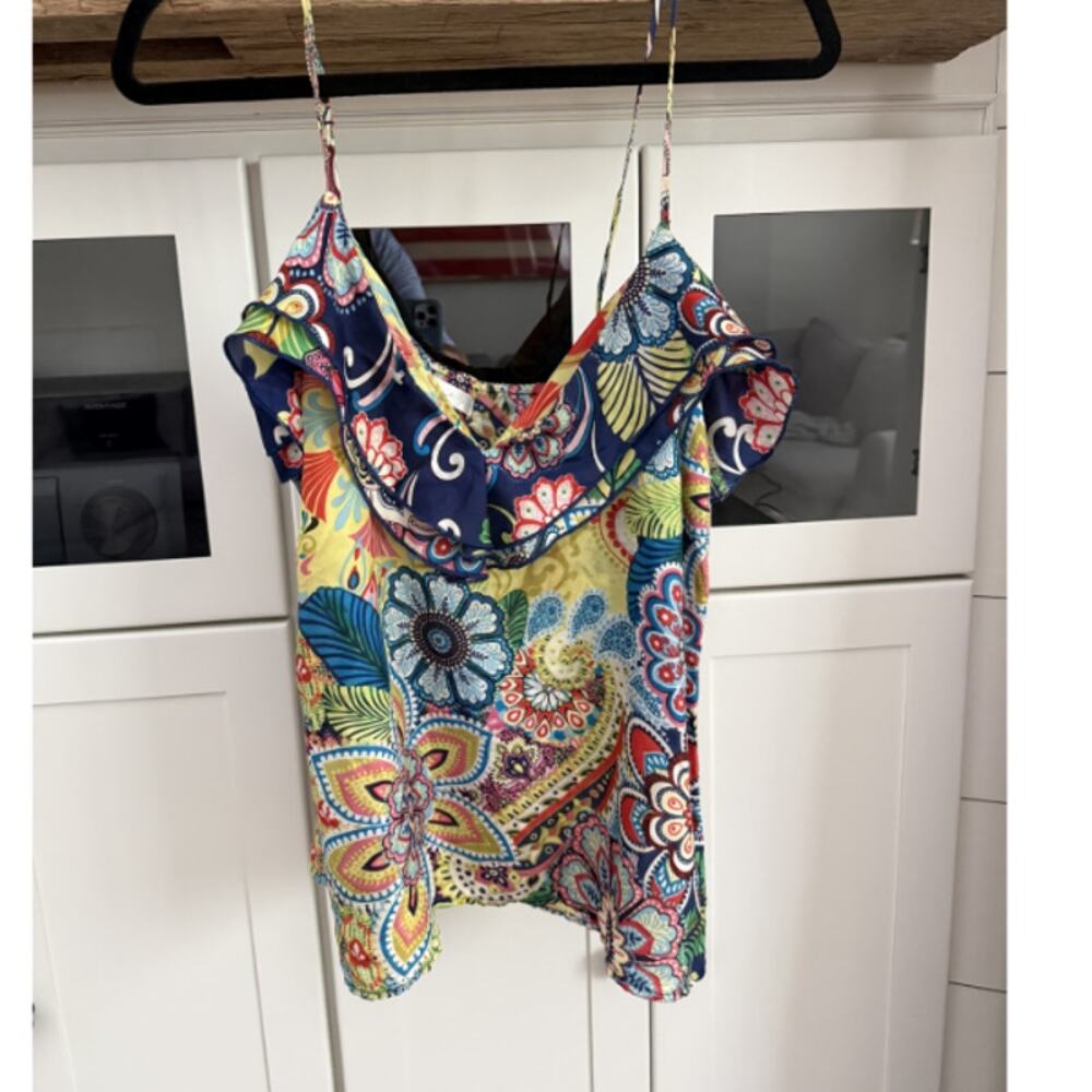GLAM Tropical Paisley Ruffle Cowl Neck Cami Tank Top Boho Spaghetti Strap